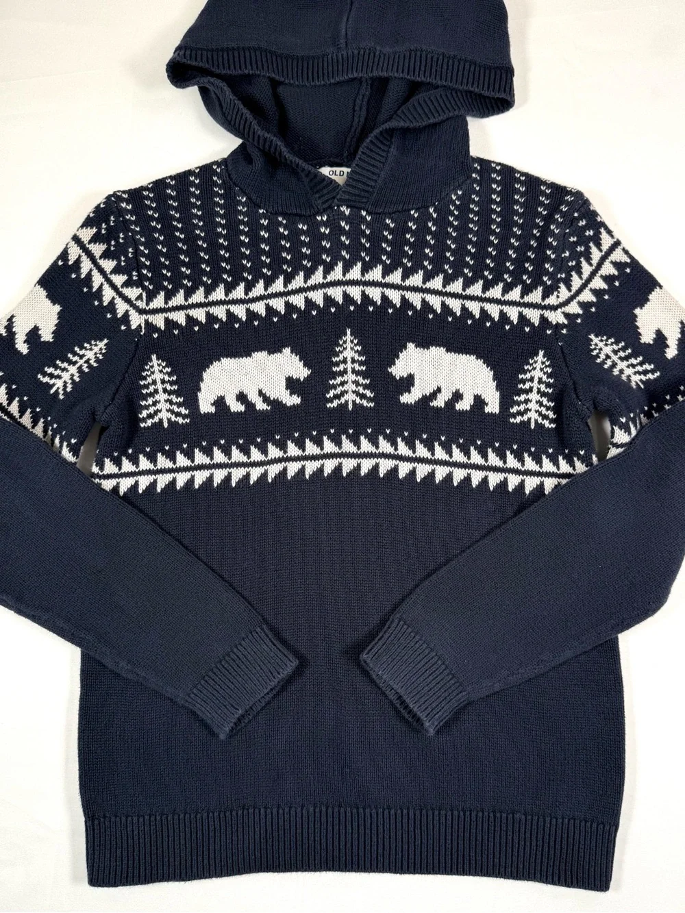 OLD NAVY Boys Hooded Fair Isle Bear Sweater L 10-12 Preppy Cabin Mountain Winter